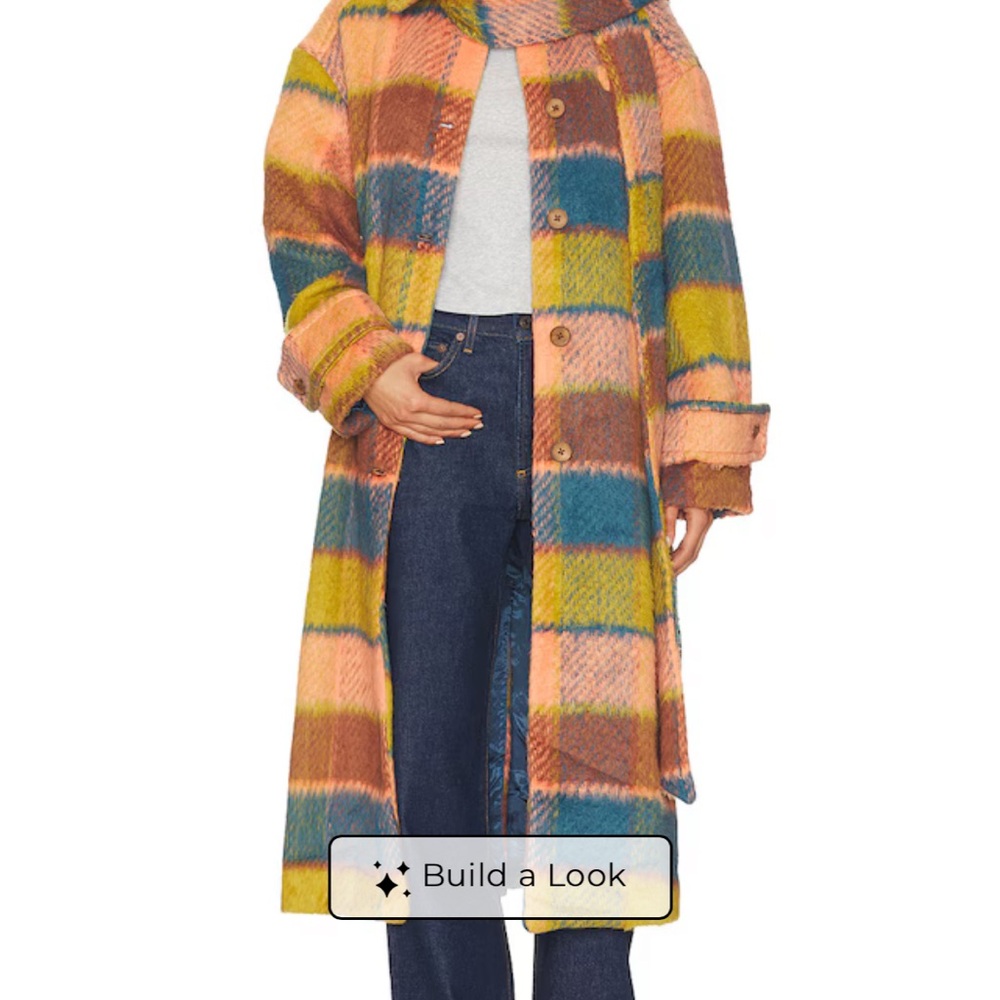 Colorblock Plaid Long Coat in Peach, Mustard & Teal